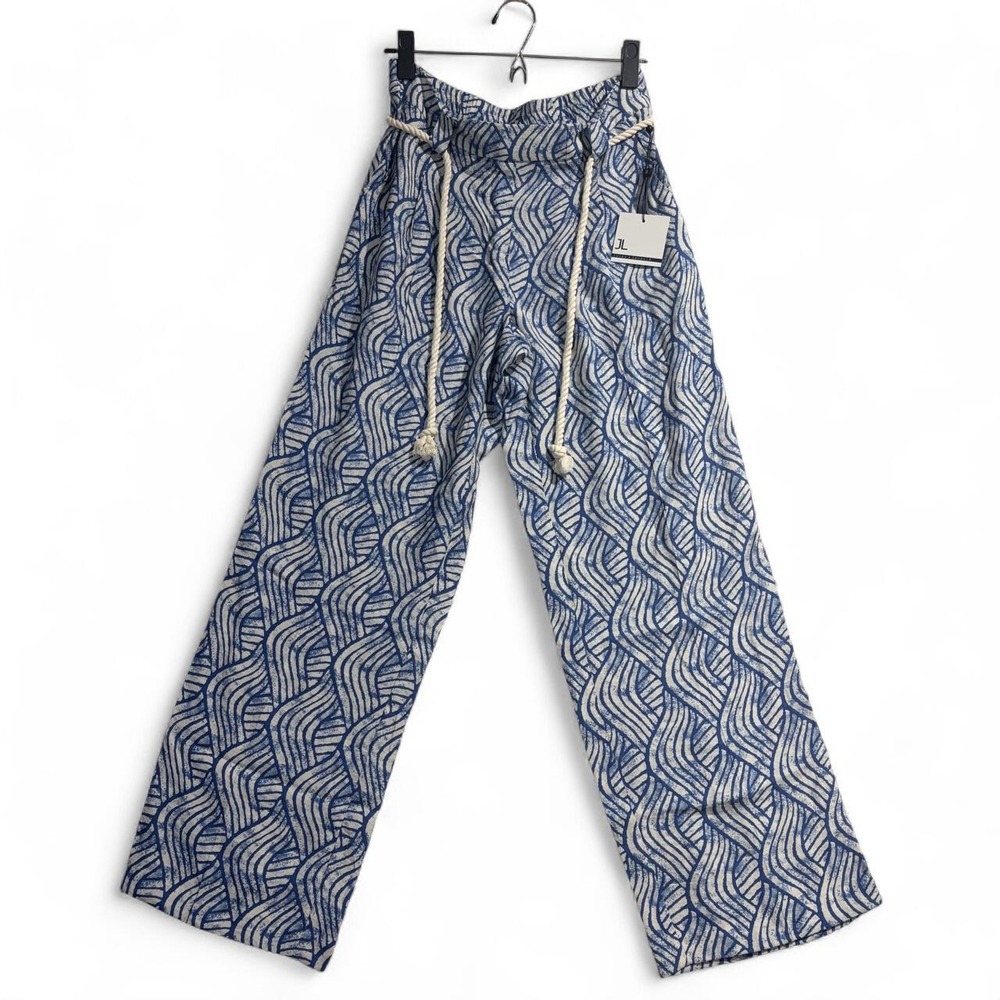 Jules & Leopold Blue White Wave Wide Leg Pants Rope Belt AI26089ACHU Womens S